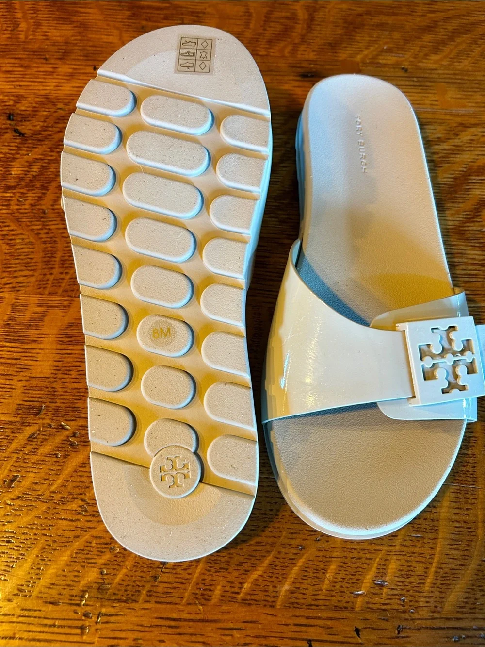 Tory Burch Cream Patent Logo Buckle Slide Sandals